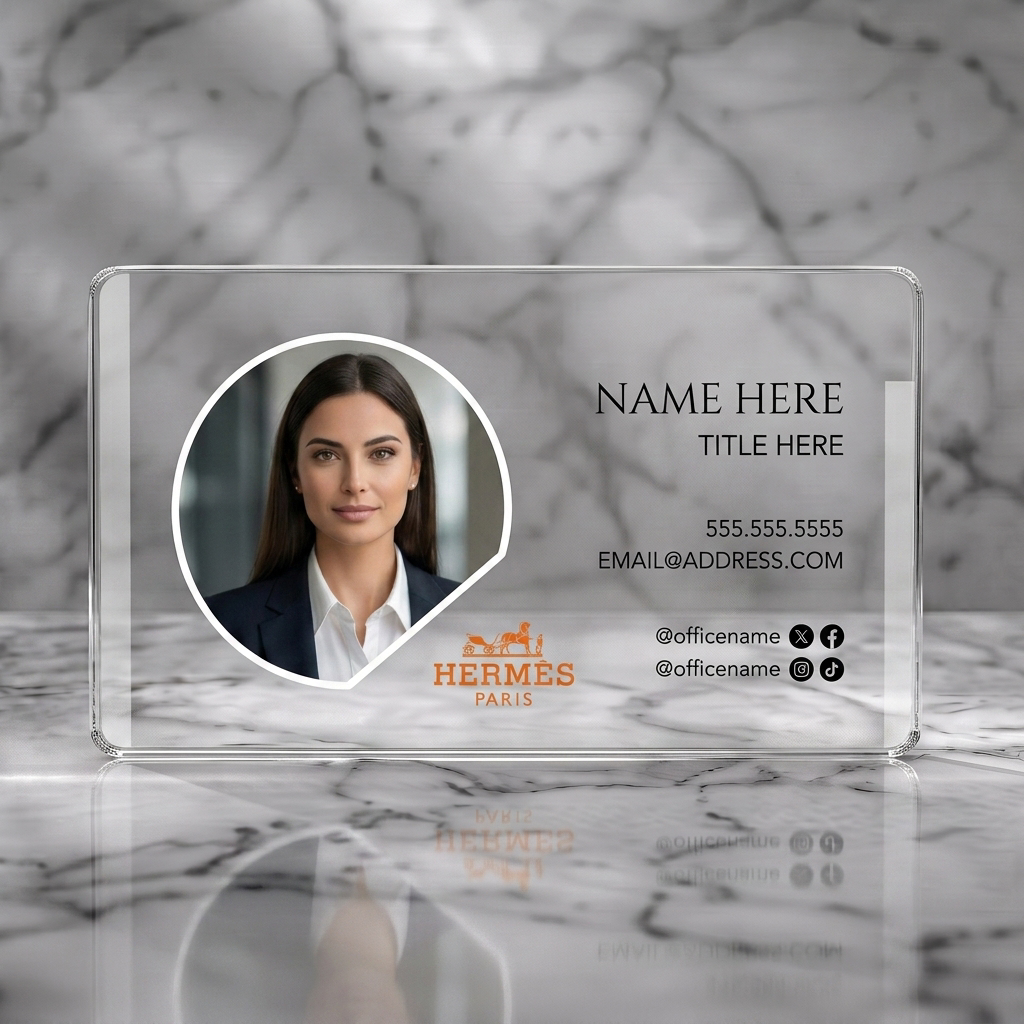 Clear plastic business card featuring elegant white design with a circular profile photo, Hermès logo, mixed typography, and black social icons