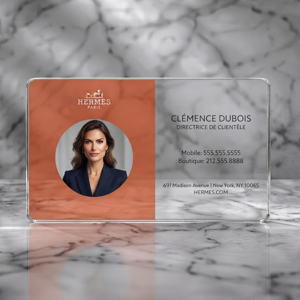 Clear plastic business card featuring a split layout, Hermes orange and white, sans-serif typography, brand logo, and professional portrait
