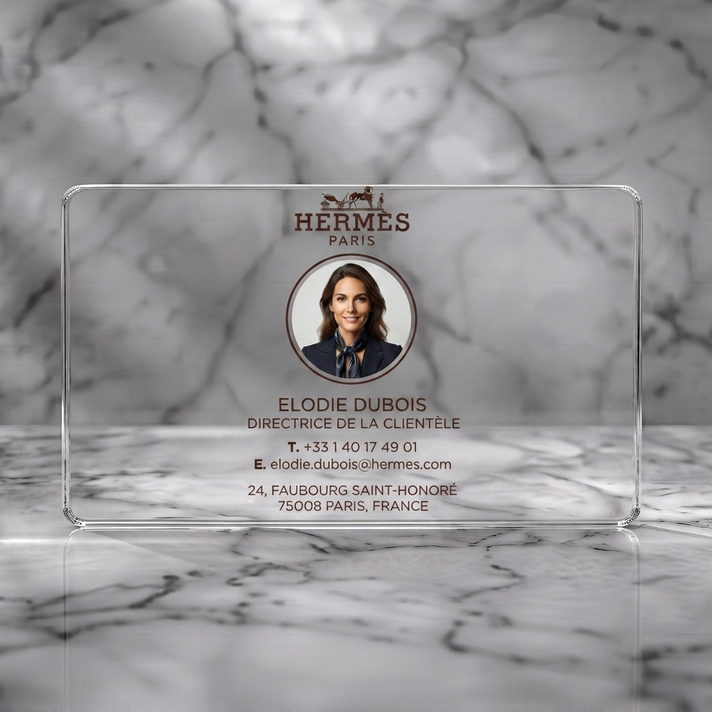 Clear plastic business card featuring hermès logo, professional photo, elegant serif/sans-serif typography, and deep aubergine branding