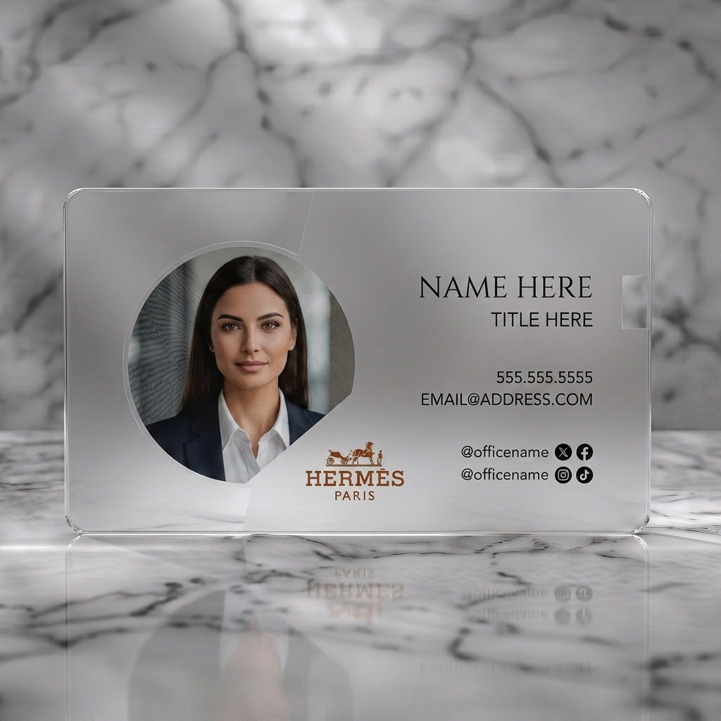 Frosted translucent plastic business card featuring elegant white design with a circular profile photo, Hermès logo, mixed typography, and black social icons