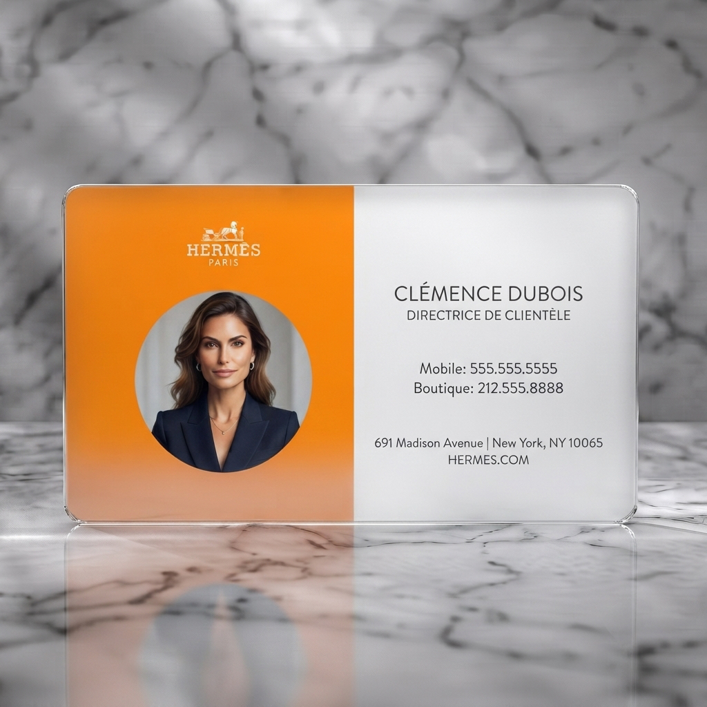Frosted translucent plastic business card featuring a split layout, Hermes orange and white, sans-serif typography, brand logo, and professional portrait