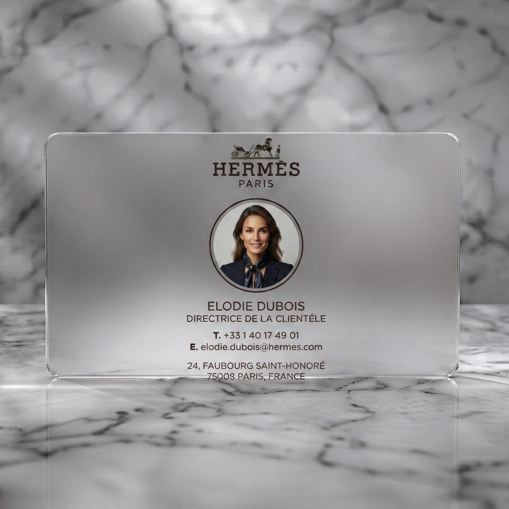 Frosted translucent plastic business card featuring hermès logo, professional photo, elegant serif/sans-serif typography, and deep aubergine branding