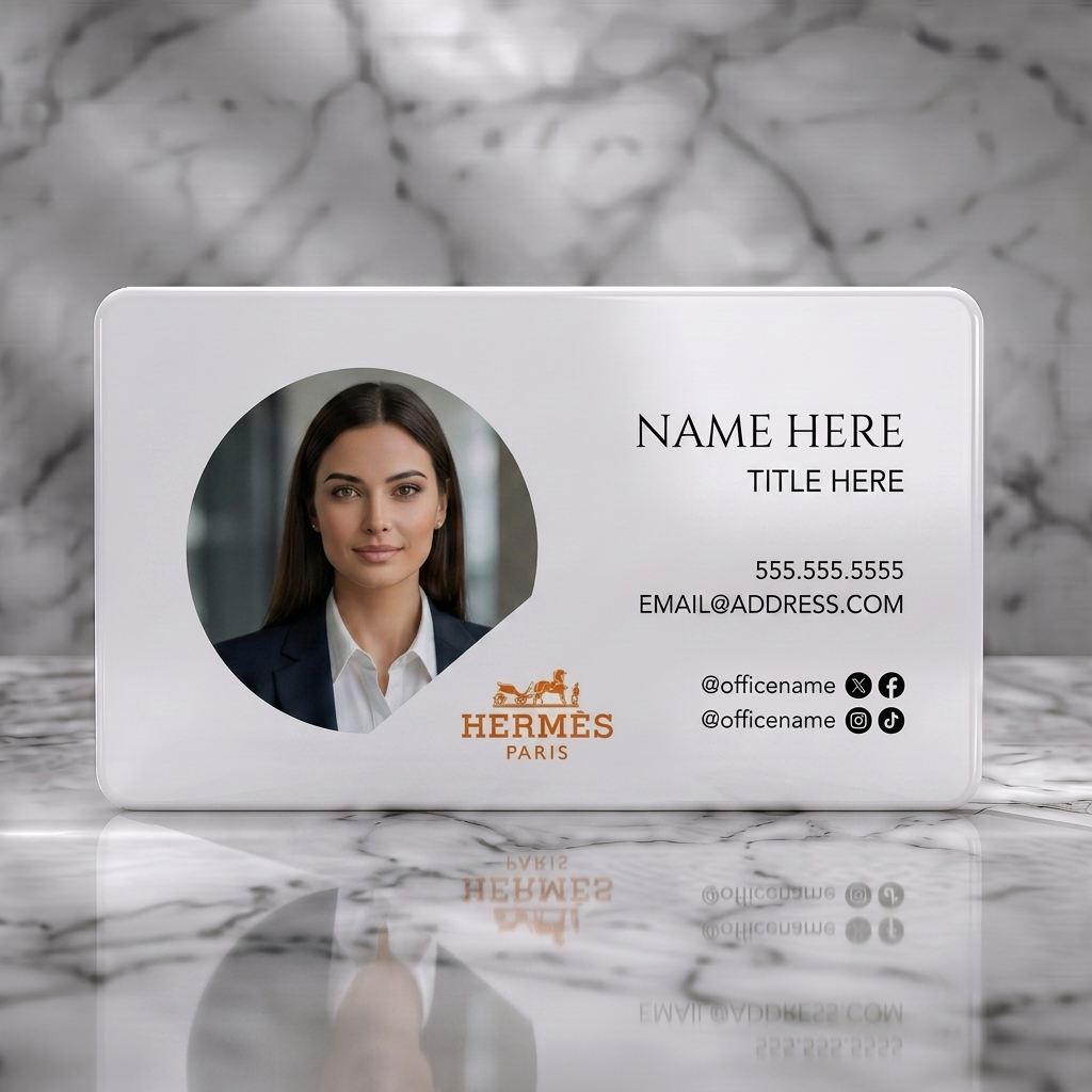 Solid white PVC business card featuring elegant white design with a circular profile photo, Hermès logo, mixed typography, and black social icons