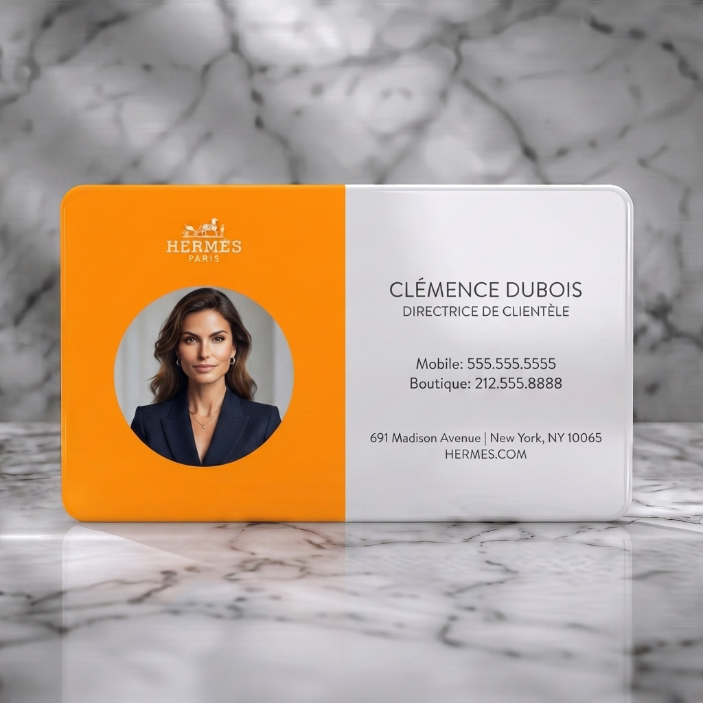 Solid white PVC business card featuring a split layout, Hermes orange and white, sans-serif typography, brand logo, and professional portrait