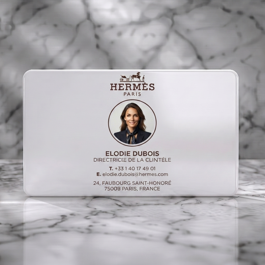 Solid white PVC business card featuring hermès logo, professional photo, elegant serif/sans-serif typography, and deep aubergine branding