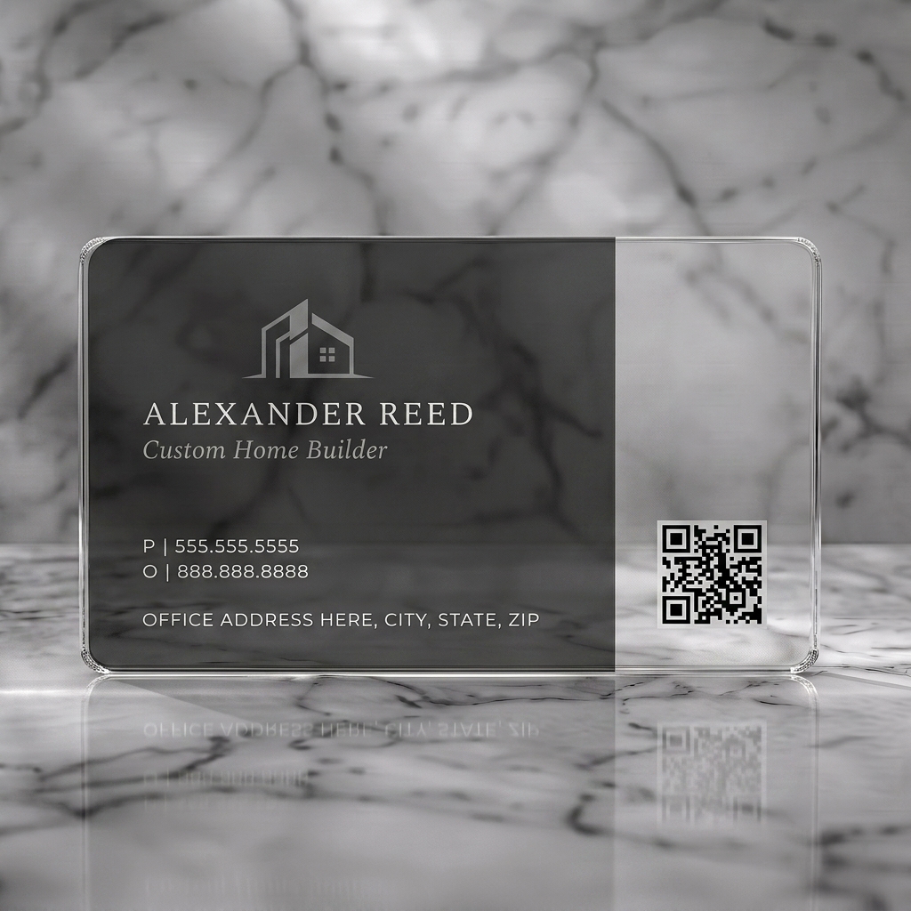Clear plastic business card featuring a minimalist dark gray design with a modern house logo, light-colored typography, and a QR code