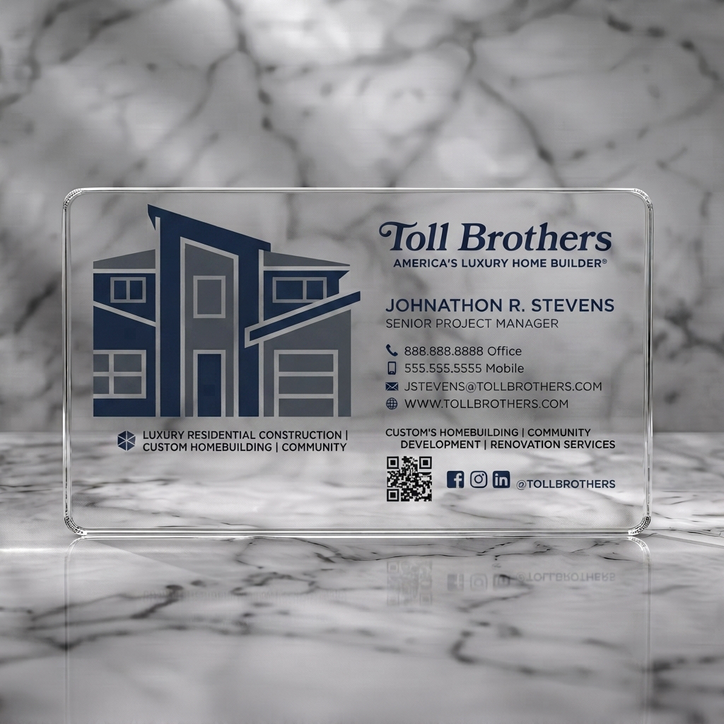 Clear plastic business card featuring sophisticated luxury home logo, navy and grey palette, elegant serif and modern sans-serif fonts, key contact icons