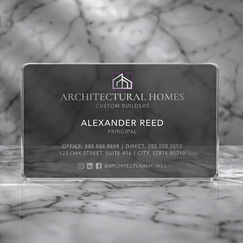 Clear plastic business card featuring minimalist dark grey design with white sans-serif text, an architectural logo, and purple accent