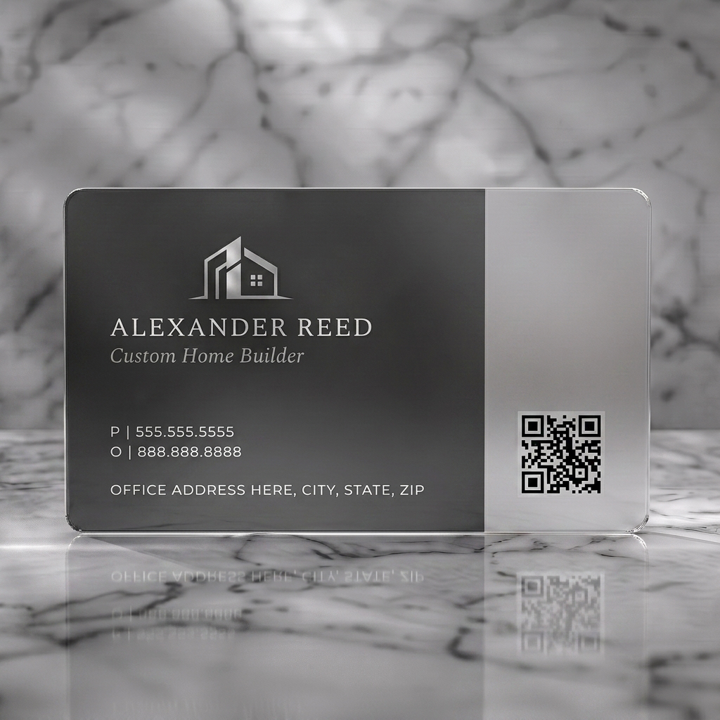 Frosted translucent plastic business card featuring a minimalist dark gray design with a modern house logo, light-colored typography, and a QR code