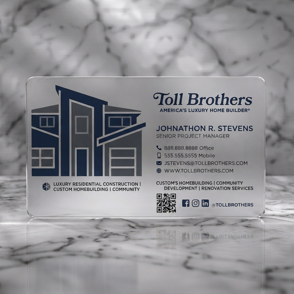 Frosted translucent plastic business card featuring sophisticated luxury home logo, navy and grey palette, elegant serif and modern sans-serif fonts, key contact icons