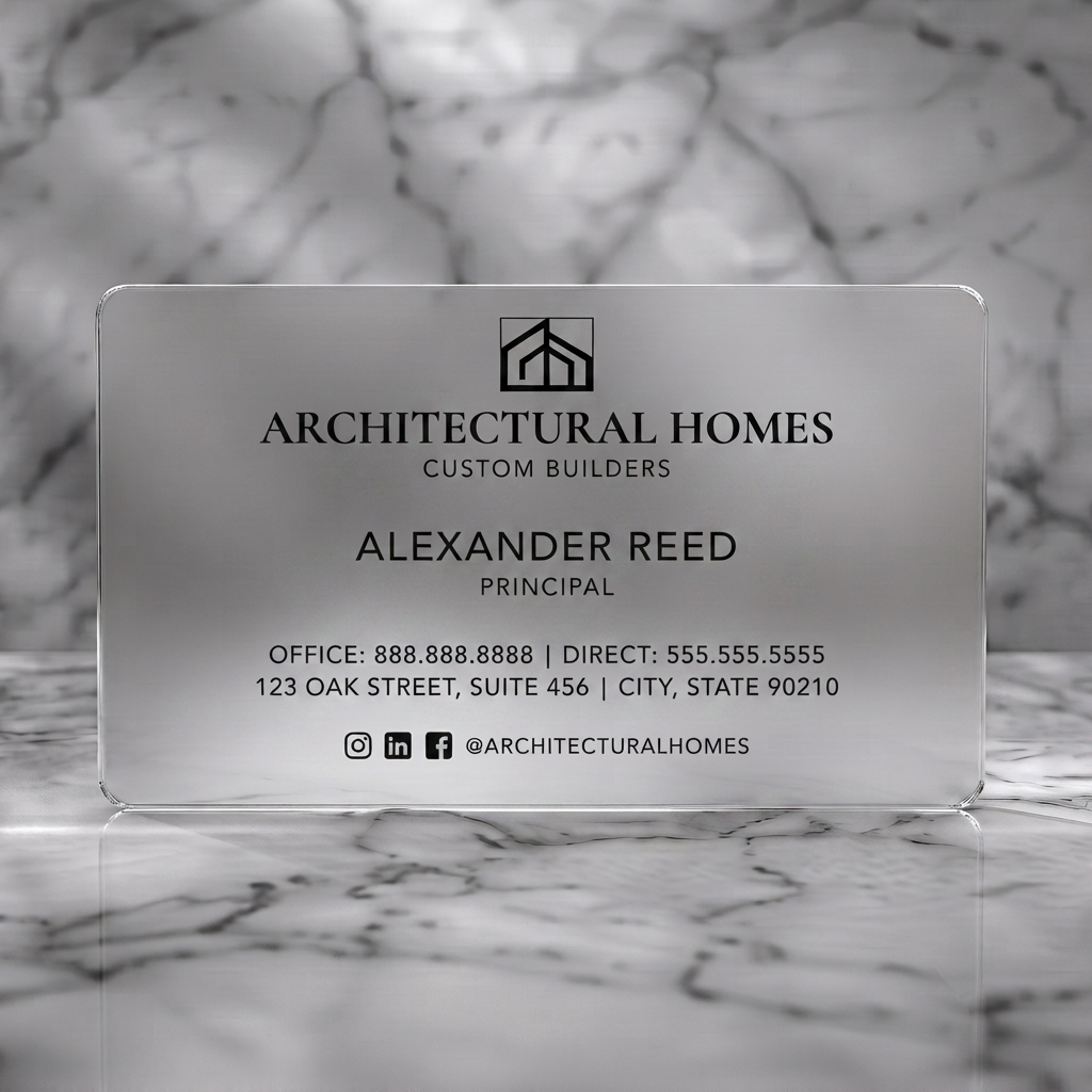 Frosted translucent plastic business card featuring minimalist dark grey design with white sans-serif text, an architectural logo, and purple accent