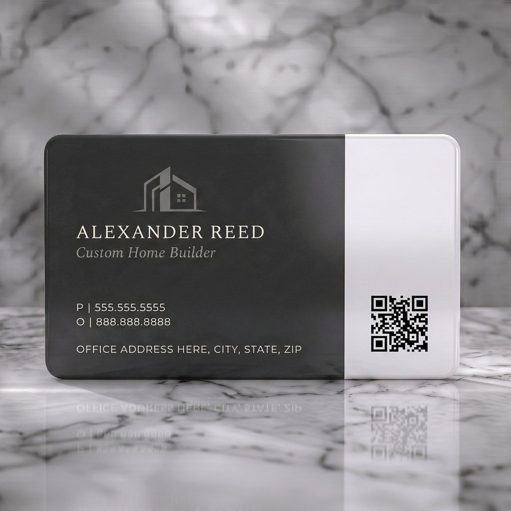 Solid white PVC business card featuring a minimalist dark gray design with a modern house logo, light-colored typography, and a QR code
