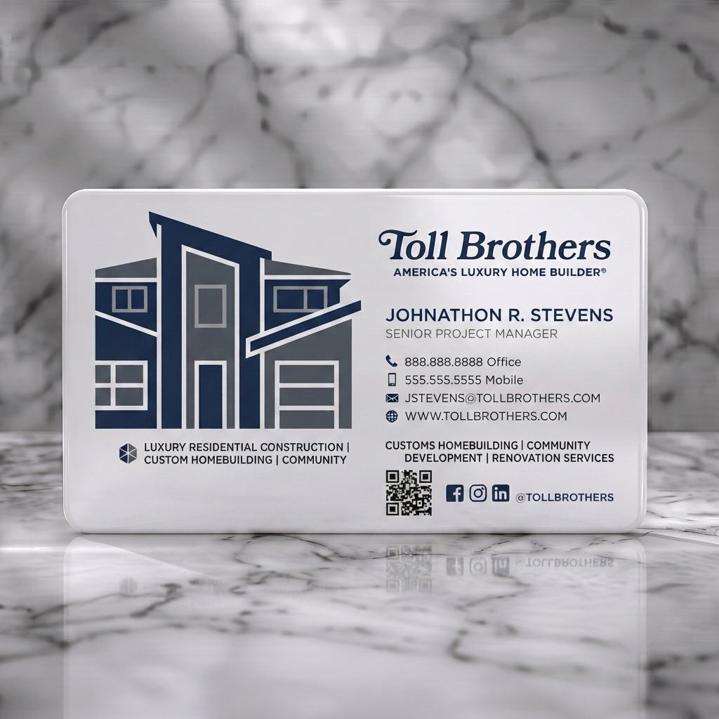 Solid white PVC business card featuring sophisticated luxury home logo, navy and grey palette, elegant serif and modern sans-serif fonts, key contact icons
