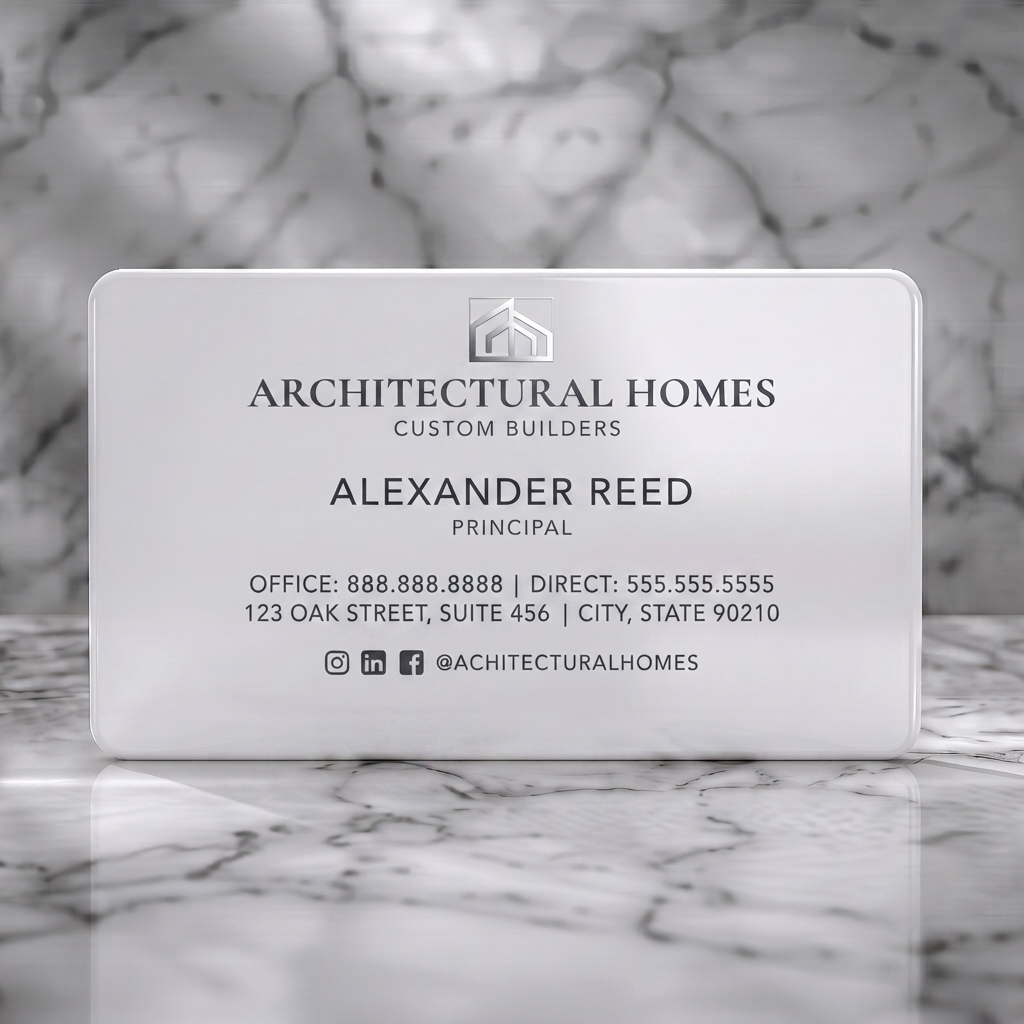 Solid white PVC business card featuring minimalist dark grey design with white sans-serif text, an architectural logo, and purple accent