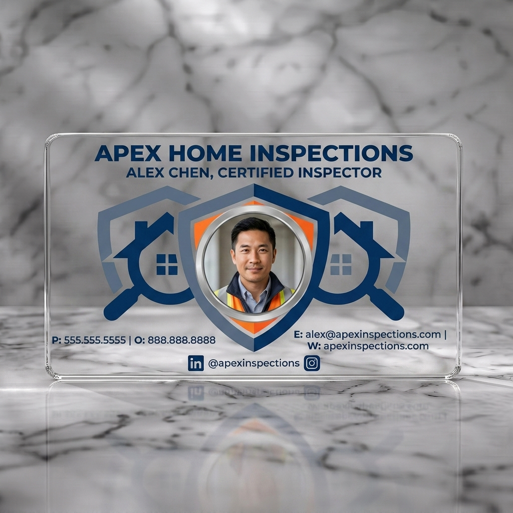 Clear plastic business card featuring a professional photo, shield logo, sans-serif text in blue, orange & grey accents