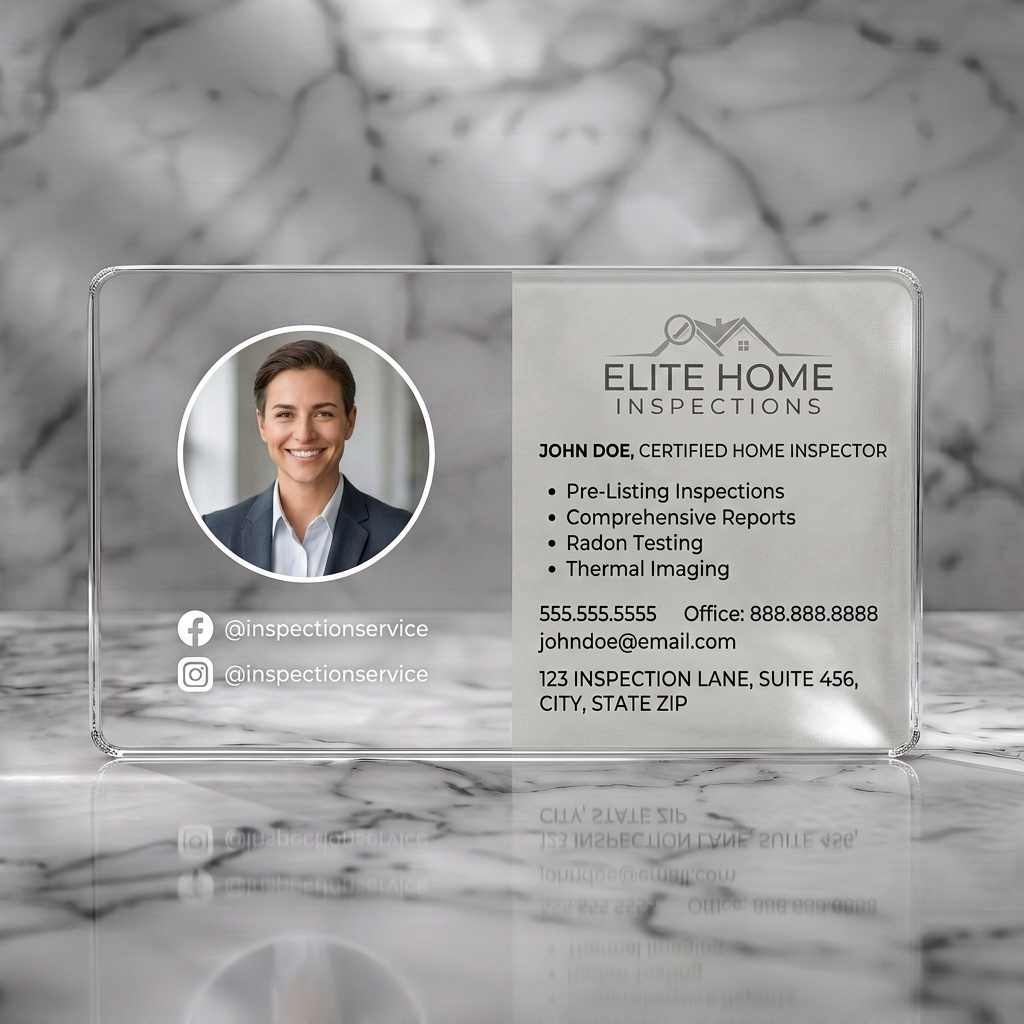 Clear plastic business card featuring clean, professional design with a house logo, profile photo, sans-serif font, neutral palette, and social icons