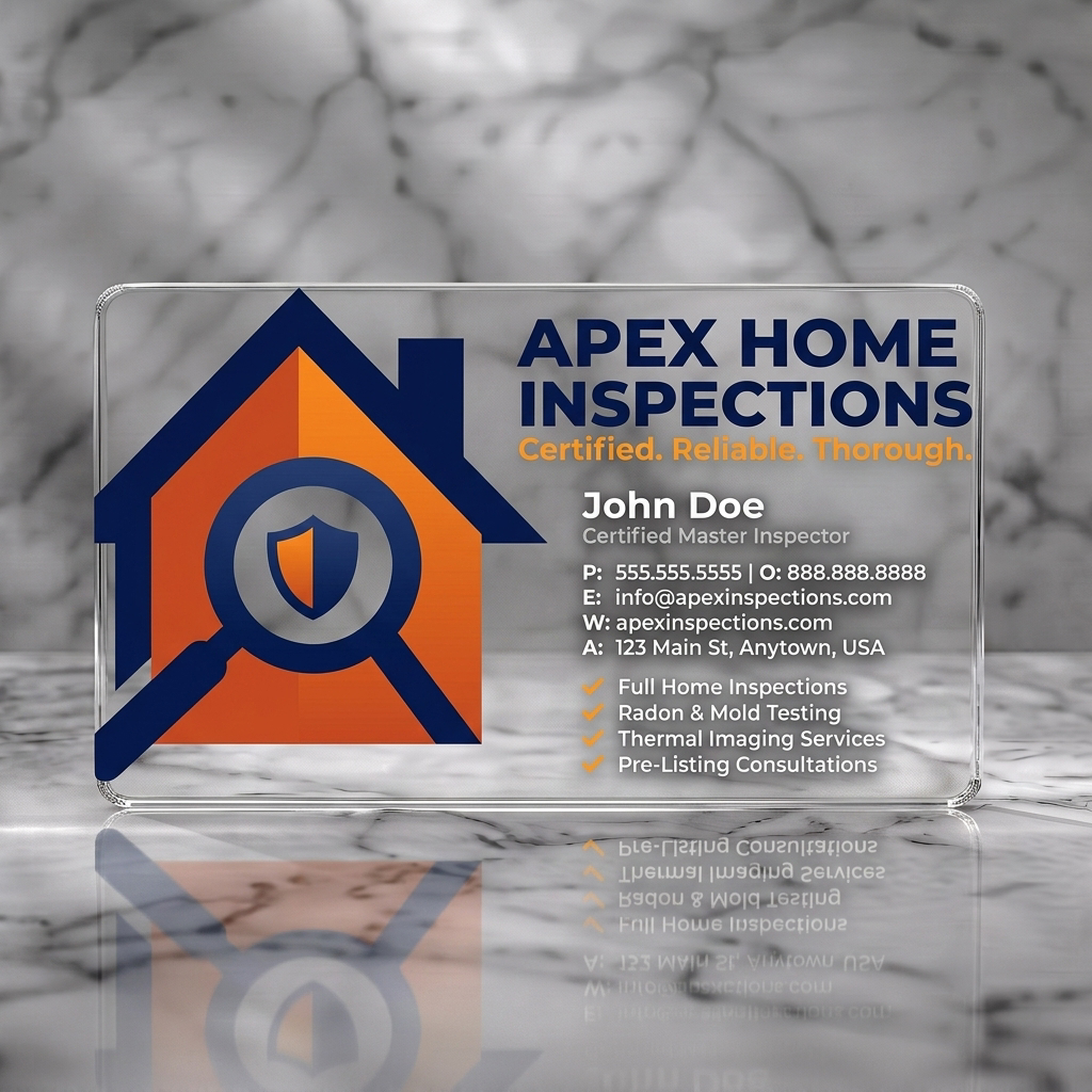 Clear plastic business card featuring a modern house and magnifying glass logo, blue and orange color scheme, crisp white typography, and service checklist