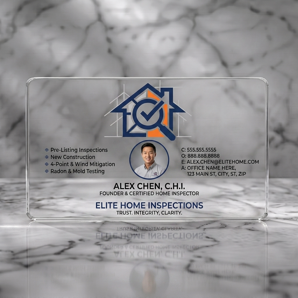 Clear plastic business card featuring modern, clean design with blue house inspection logo, professional photo, sans-serif typography, and service icons