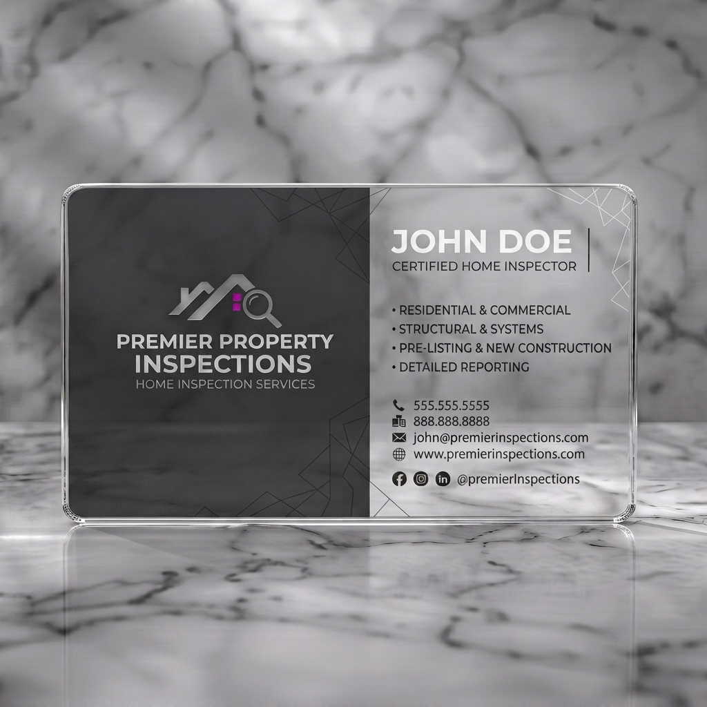 Clear plastic business card featuring clean two-tone dark gray and white, geometric lines, modern sans-serif fonts, and purple house inspection logo
