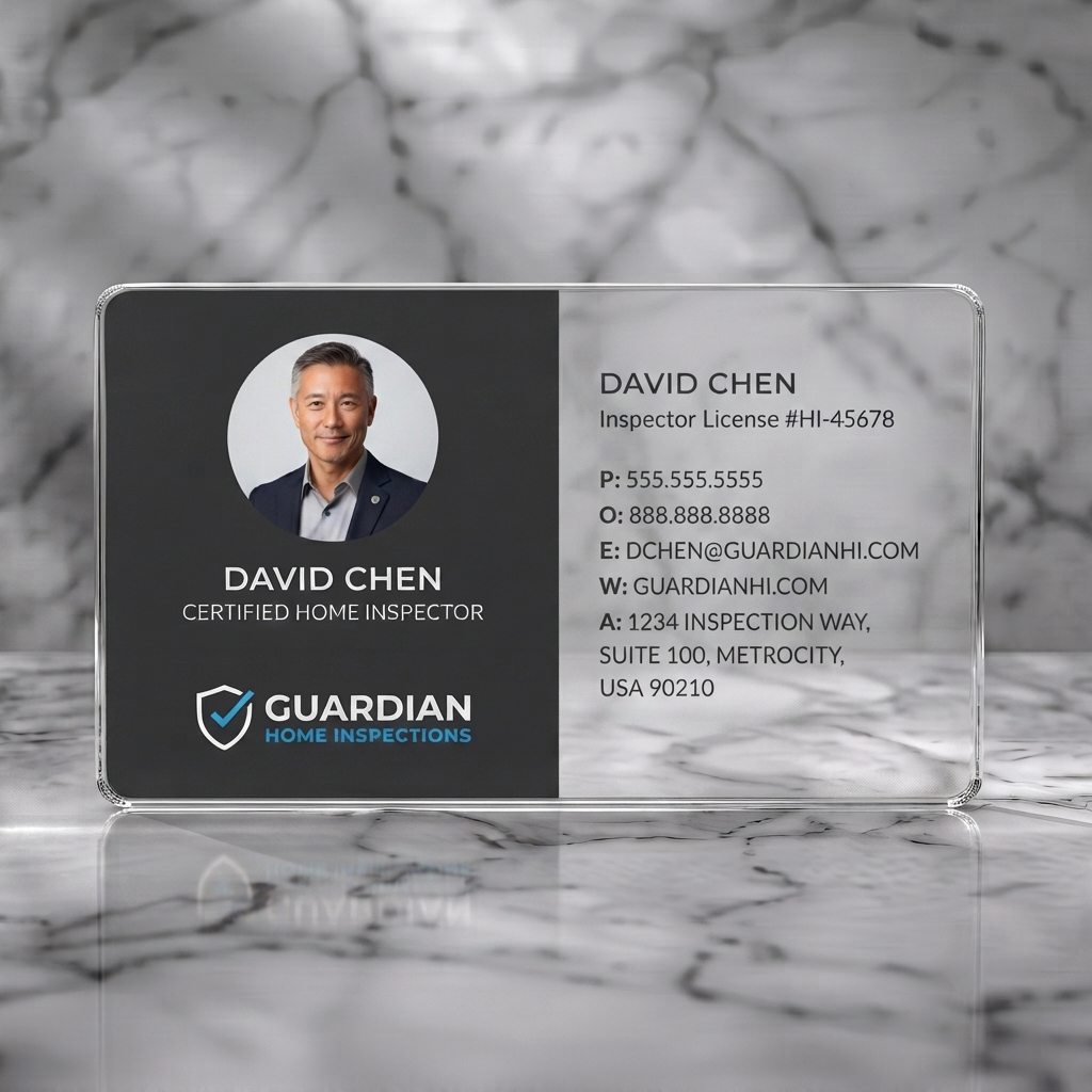 Clear plastic business card featuring modern two-panel design, dark gray and white with blue logo accents, clear sans-serif text, headshot