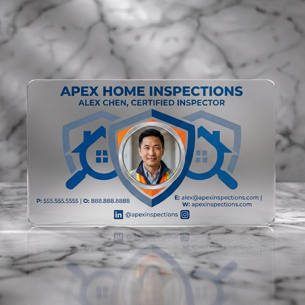 Frosted translucent plastic business card featuring a professional photo, shield logo, sans-serif text in blue, orange & grey accents