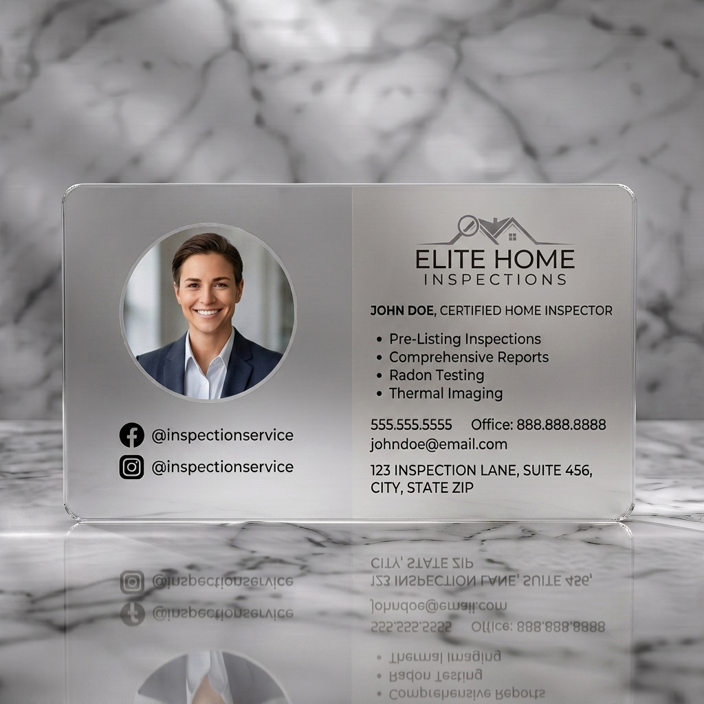Frosted translucent plastic business card featuring clean, professional design with a house logo, profile photo, sans-serif font, neutral palette, and social icons