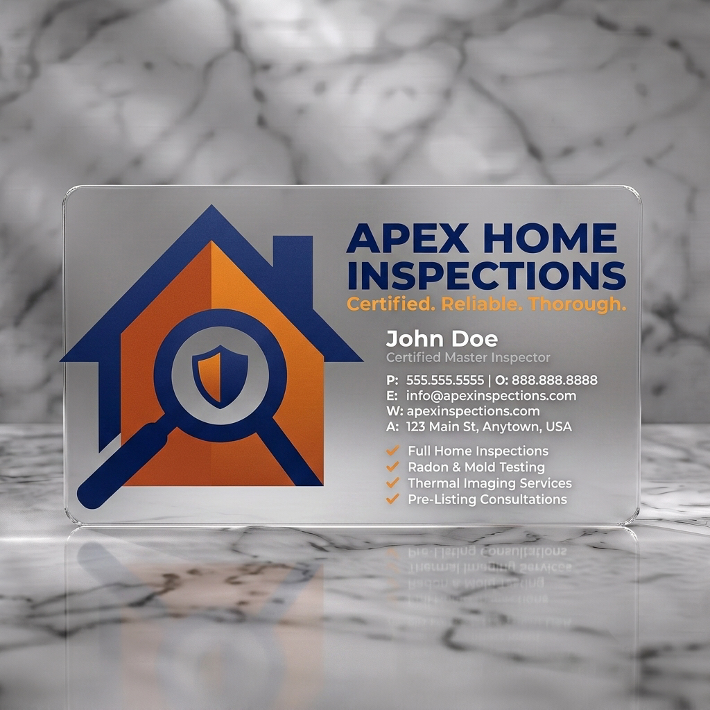 Frosted translucent plastic business card featuring a modern house and magnifying glass logo, blue and orange color scheme, crisp white typography, and service checklist