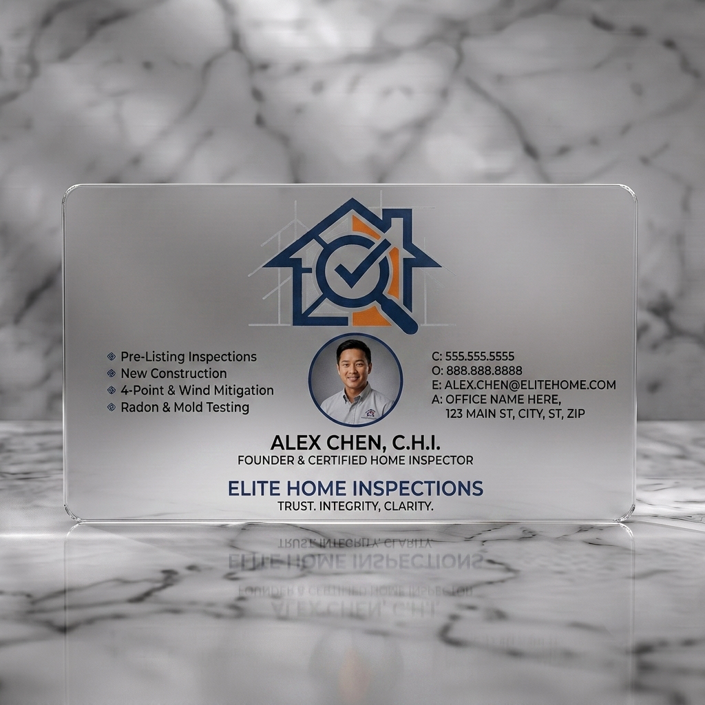 Frosted translucent plastic business card featuring modern, clean design with blue house inspection logo, professional photo, sans-serif typography, and service icons