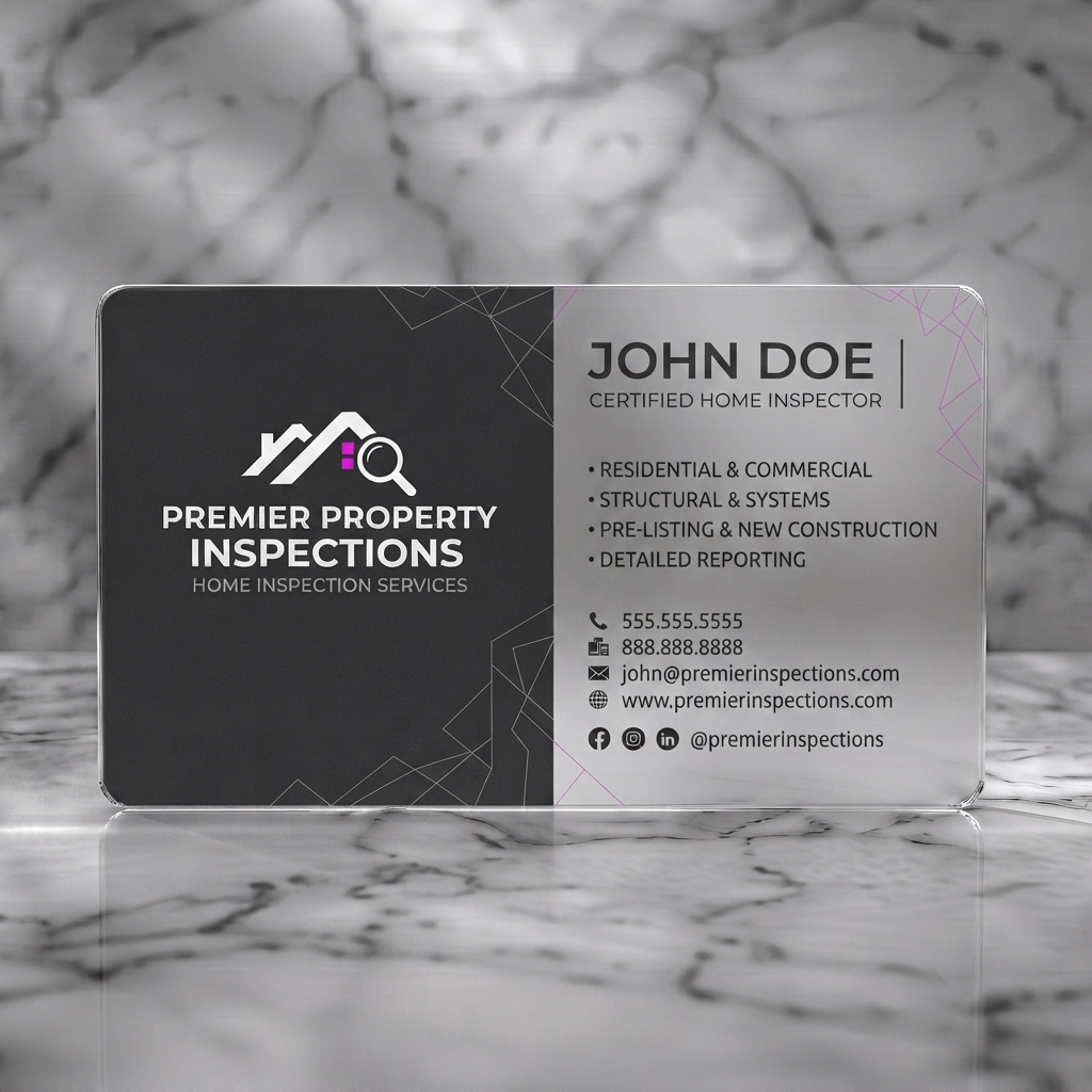 Frosted translucent plastic business card featuring clean two-tone dark gray and white, geometric lines, modern sans-serif fonts, and purple house inspection logo