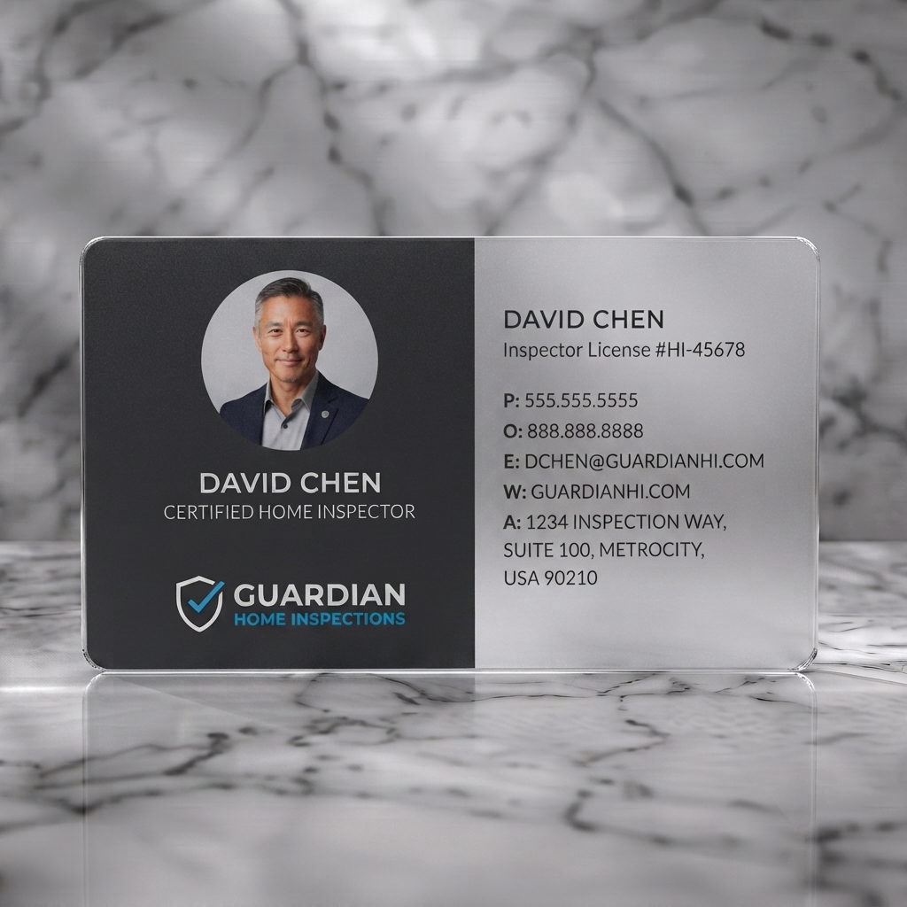 Frosted translucent plastic business card featuring modern two-panel design, dark gray and white with blue logo accents, clear sans-serif text, headshot