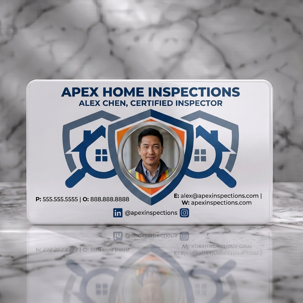 Solid white PVC business card featuring a professional photo, shield logo, sans-serif text in blue, orange & grey accents