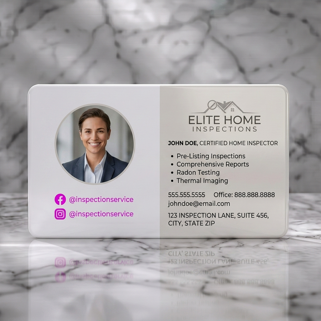 Solid white PVC business card featuring clean, professional design with a house logo, profile photo, sans-serif font, neutral palette, and social icons