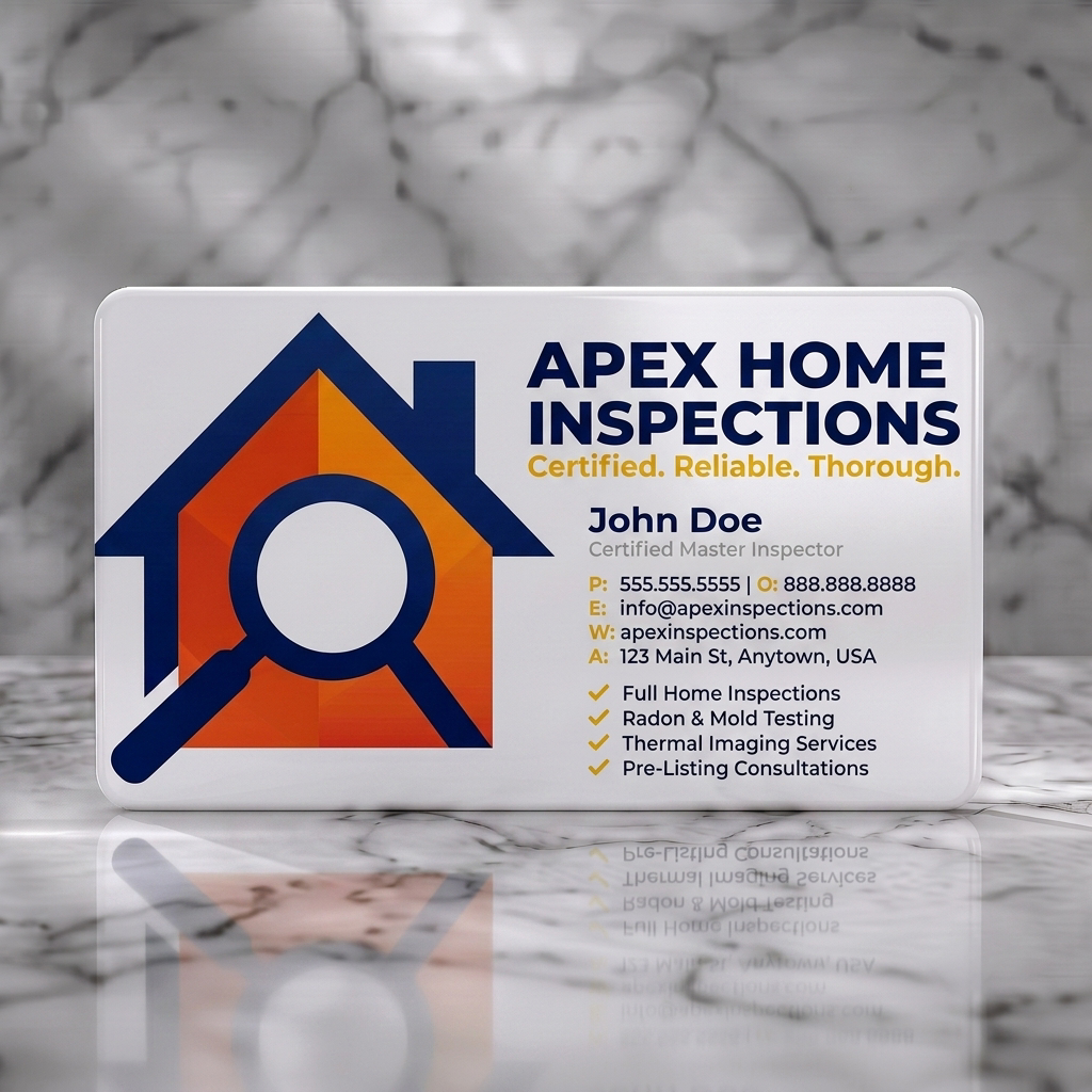 Solid white PVC business card featuring a modern house and magnifying glass logo, blue and orange color scheme, crisp white typography, and service checklist