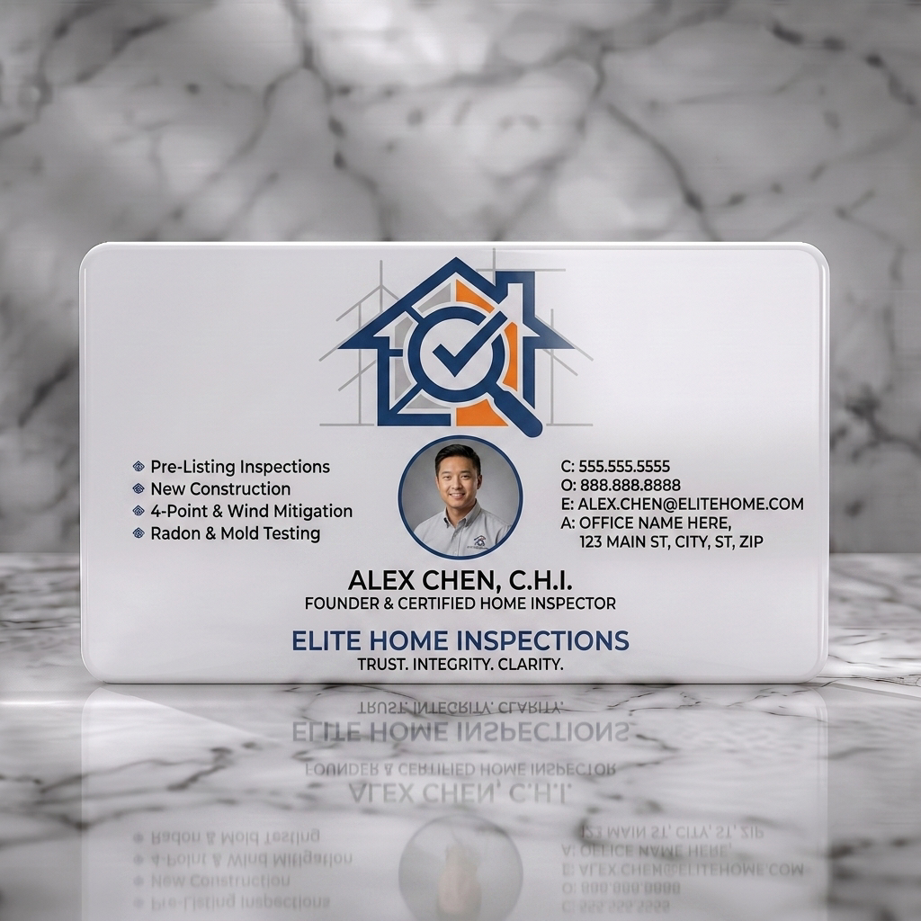 Solid white PVC business card featuring modern, clean design with blue house inspection logo, professional photo, sans-serif typography, and service icons