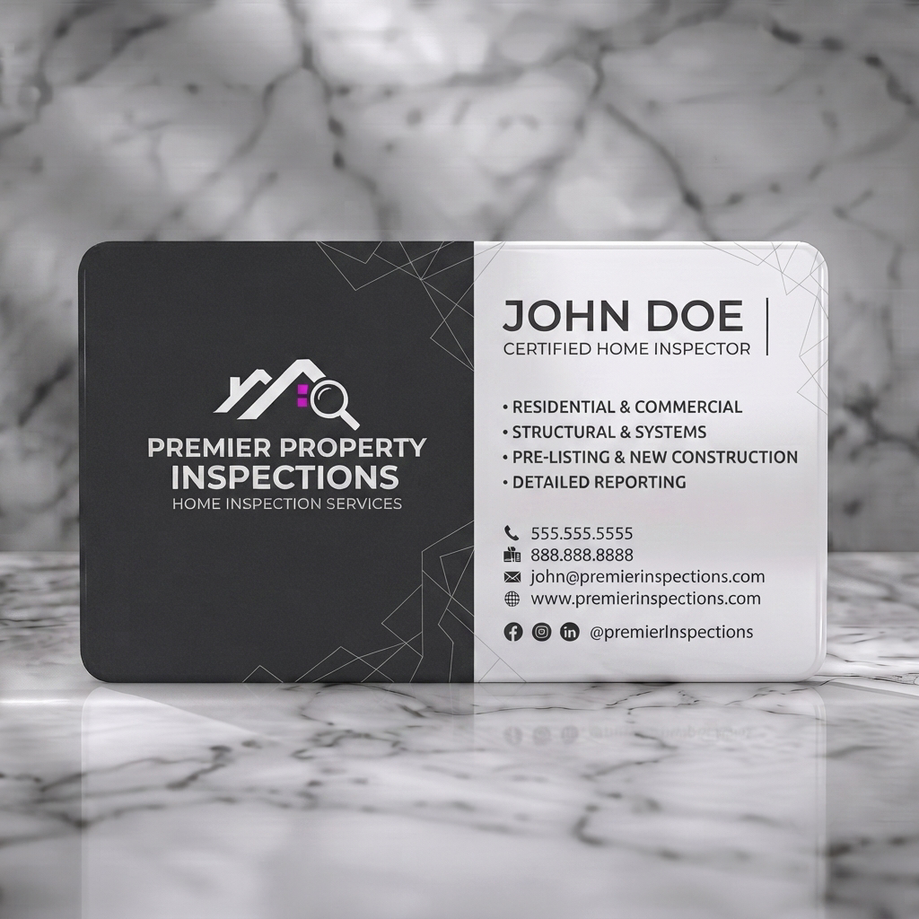 Solid white PVC business card featuring clean two-tone dark gray and white, geometric lines, modern sans-serif fonts, and purple house inspection logo