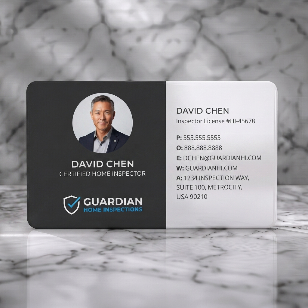 Solid white PVC business card featuring modern two-panel design, dark gray and white with blue logo accents, clear sans-serif text, headshot