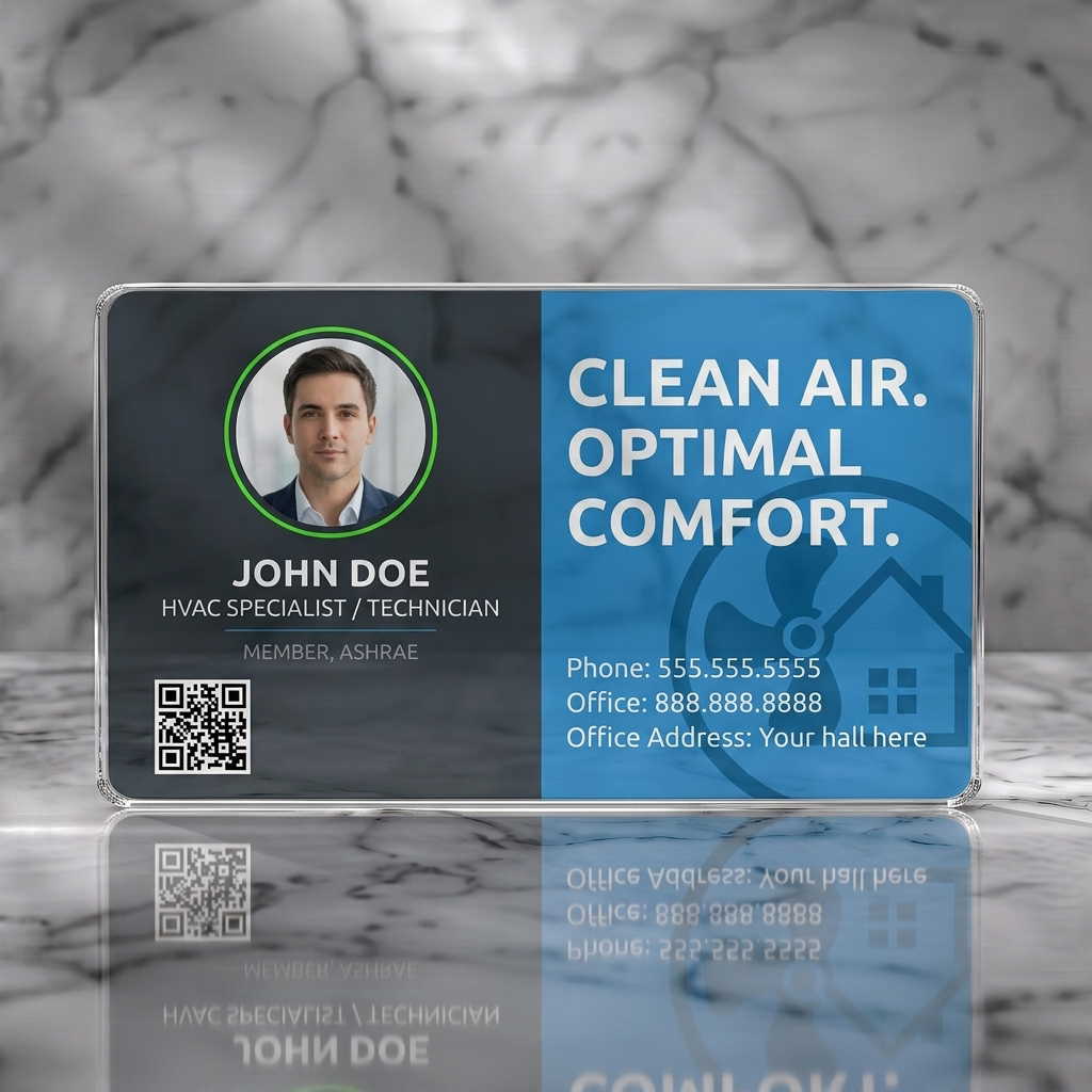 Clear plastic business card featuring clean, split-layout in dark grey and bright blue, sans-serif fonts, profile photo, QR, and HVAC icons
