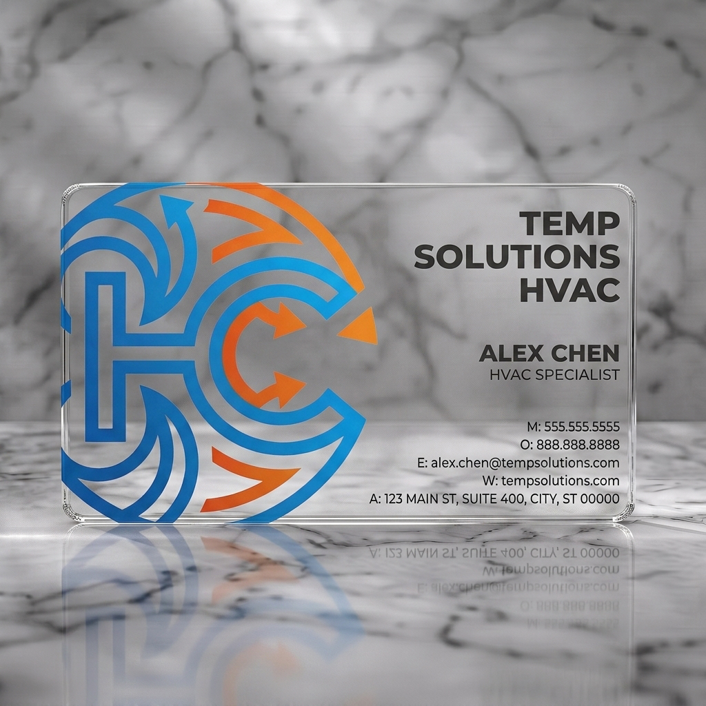 Clear plastic business card featuring dynamic blue and orange arrow logo, clean sans-serif typography on white for HVAC