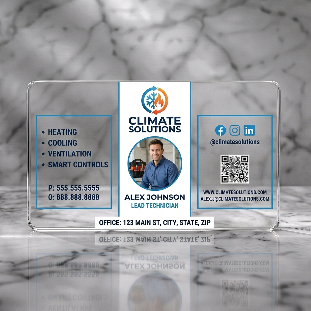 Clear plastic business card featuring a modern design with blue and orange HVAC logo, technician photo, sans-serif typography, social icons, and QR code
