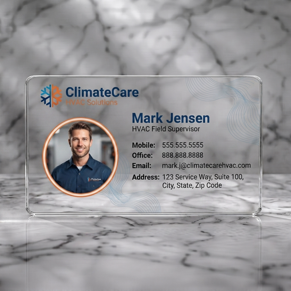 Clear plastic business card featuring professional HVAC design with blue/orange palette, crisp typography, a profile picture, and snowflake logo