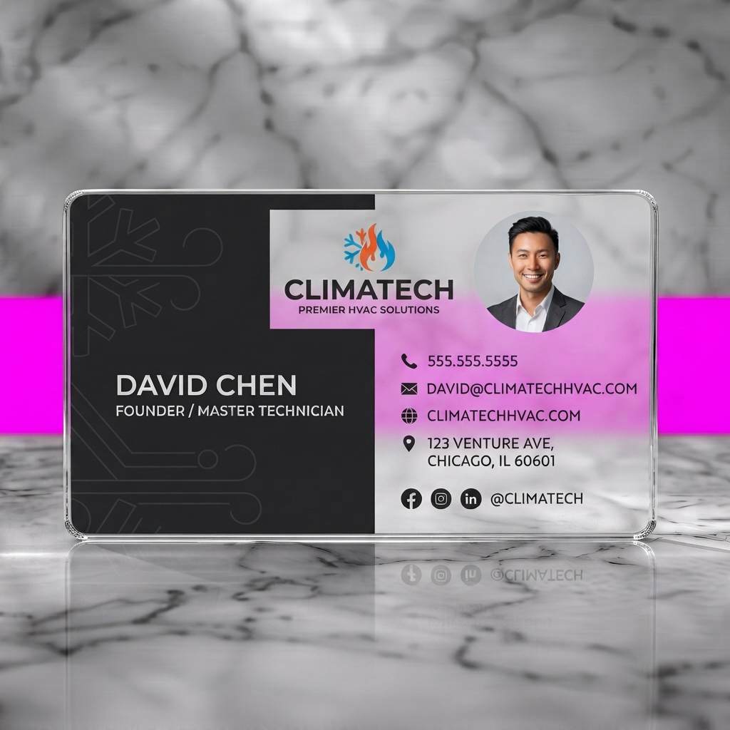 Clear plastic business card featuring modern two-toned design with HVAC icons, a smiling headshot, and clean sans-serif typography