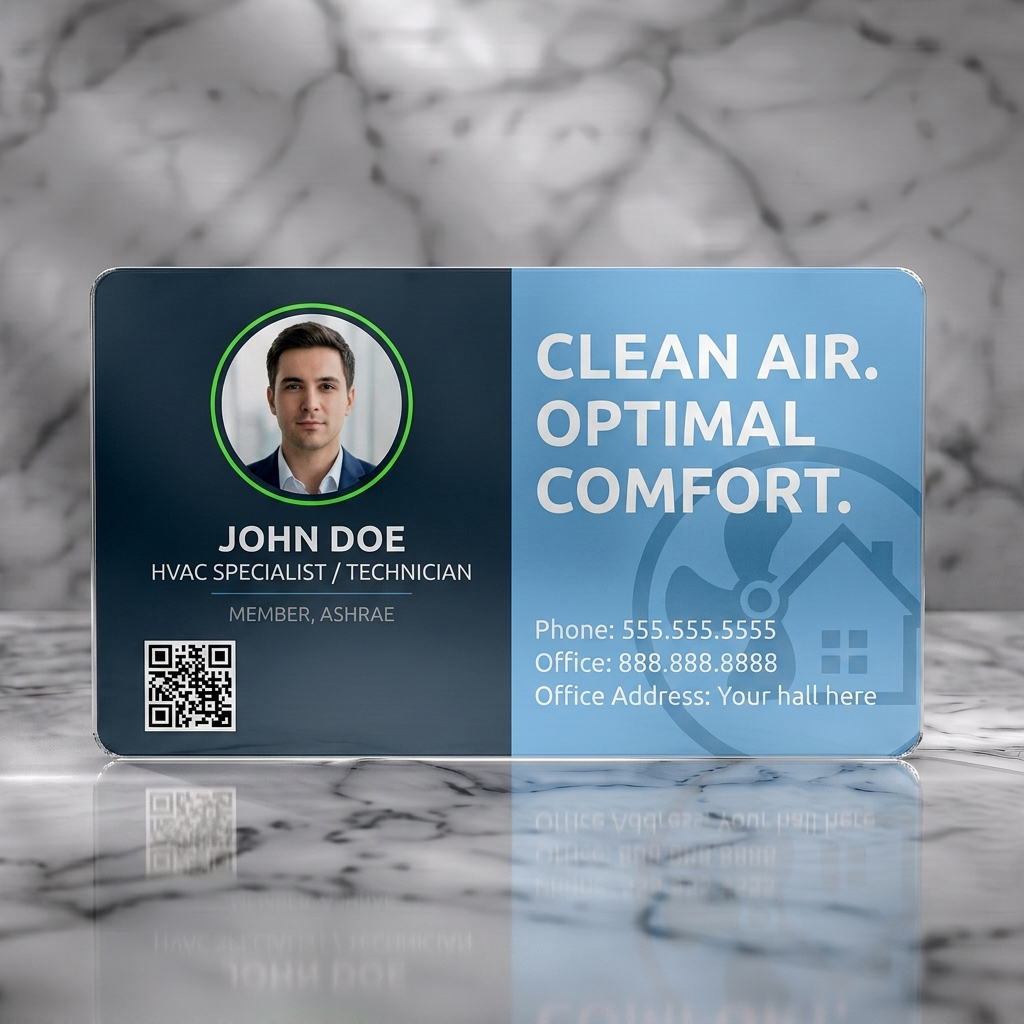 Frosted translucent plastic business card featuring clean, split-layout in dark grey and bright blue, sans-serif fonts, profile photo, QR, and HVAC icons