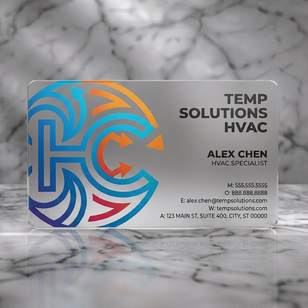 Frosted translucent plastic business card featuring dynamic blue and orange arrow logo, clean sans-serif typography on white for HVAC