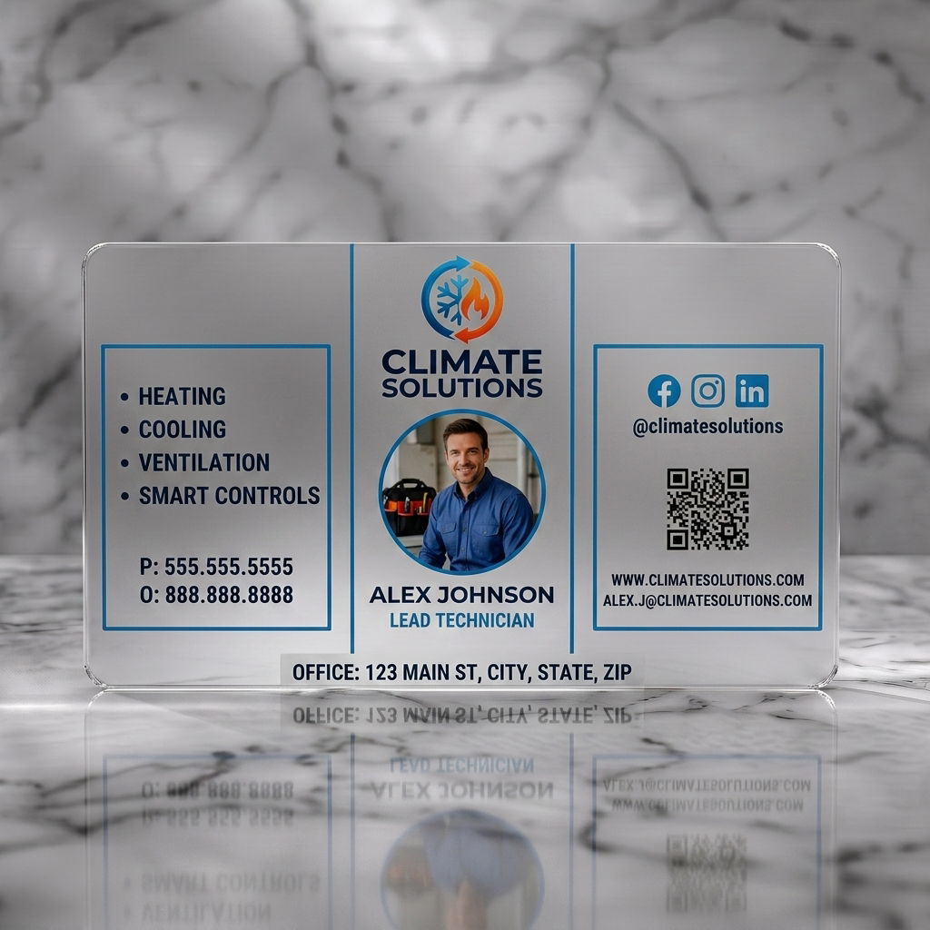 Frosted translucent plastic business card featuring a modern design with blue and orange HVAC logo, technician photo, sans-serif typography, social icons, and QR code