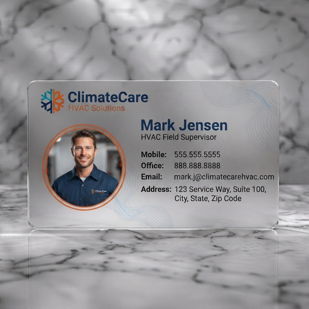 Frosted translucent plastic business card featuring professional HVAC design with blue/orange palette, crisp typography, a profile picture, and snowflake logo