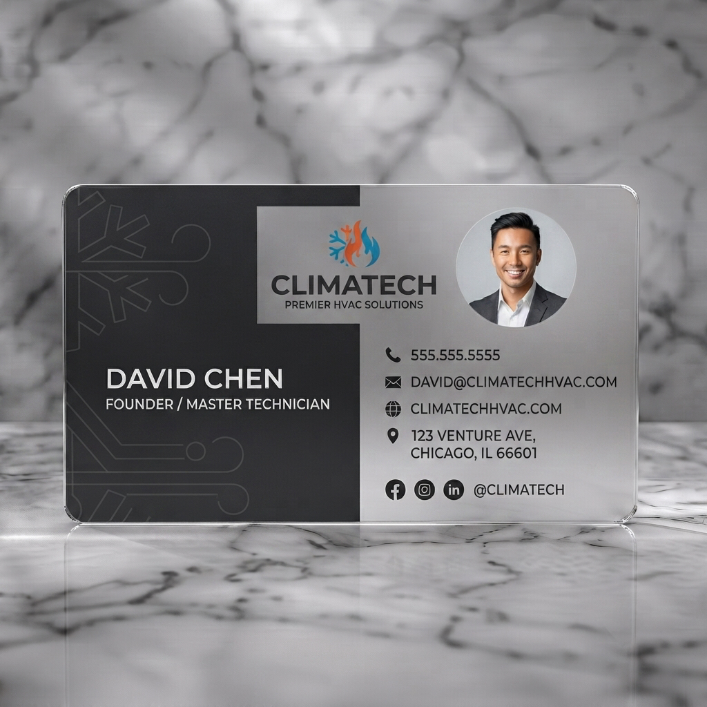Frosted translucent plastic business card featuring modern two-toned design with HVAC icons, a smiling headshot, and clean sans-serif typography