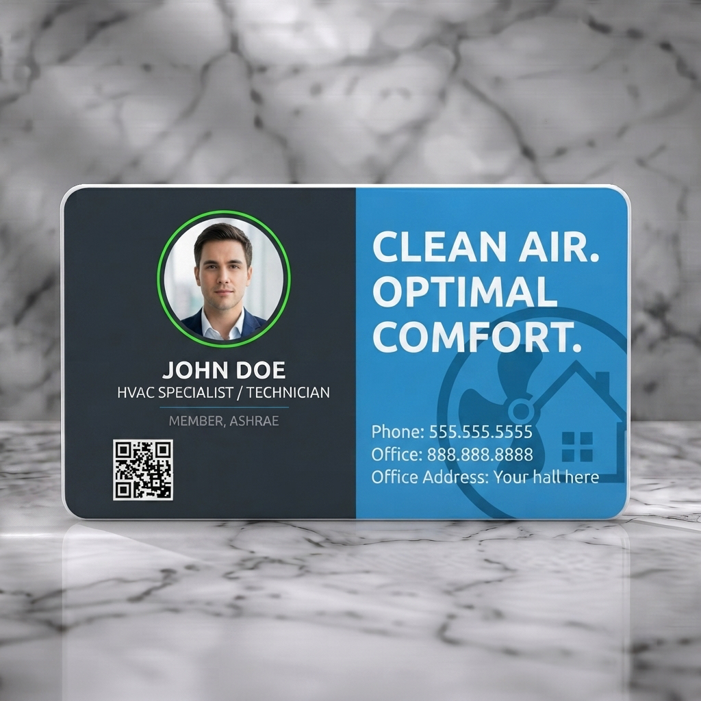 Solid white PVC business card featuring clean, split-layout in dark grey and bright blue, sans-serif fonts, profile photo, QR, and HVAC icons
