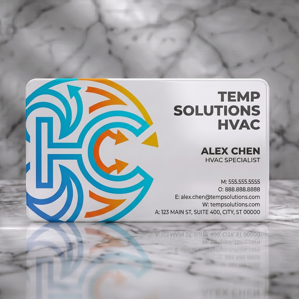 Solid white PVC business card featuring dynamic blue and orange arrow logo, clean sans-serif typography on white for HVAC