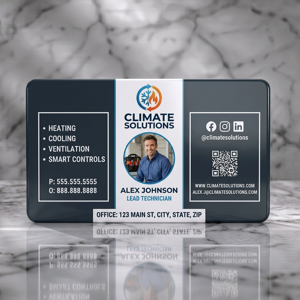 Solid white PVC business card featuring a modern design with blue and orange HVAC logo, technician photo, sans-serif typography, social icons, and QR code