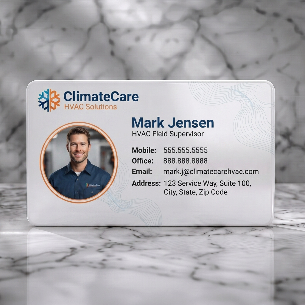 Solid white PVC business card featuring professional HVAC design with blue/orange palette, crisp typography, a profile picture, and snowflake logo